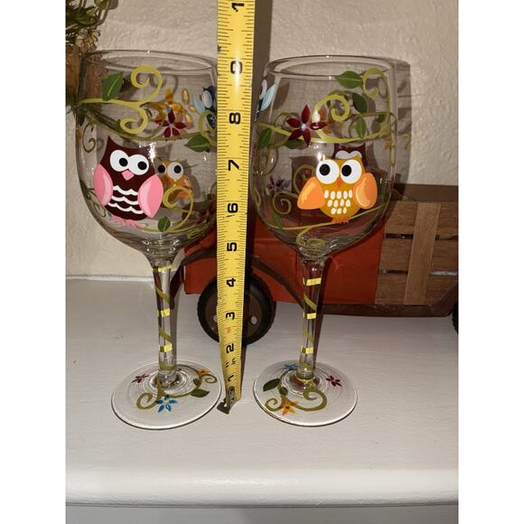 Wine Goblet Glasses Hand Painted Owls Set of 2 - Picture 8 of 9